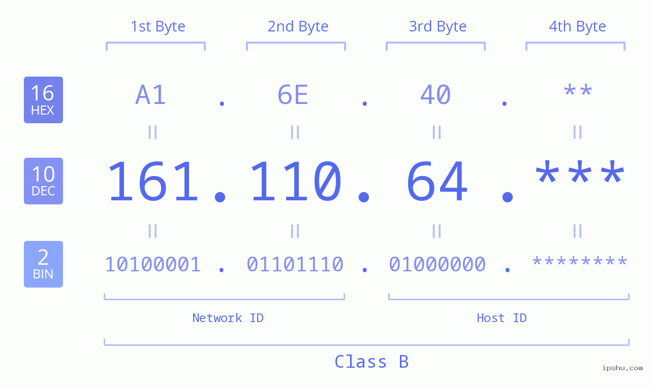 IP Address: 161.110.64 Data Structure Chart BIN DEC HEX IPv4: 161.110.64 Network Class, Net ID, Host ID