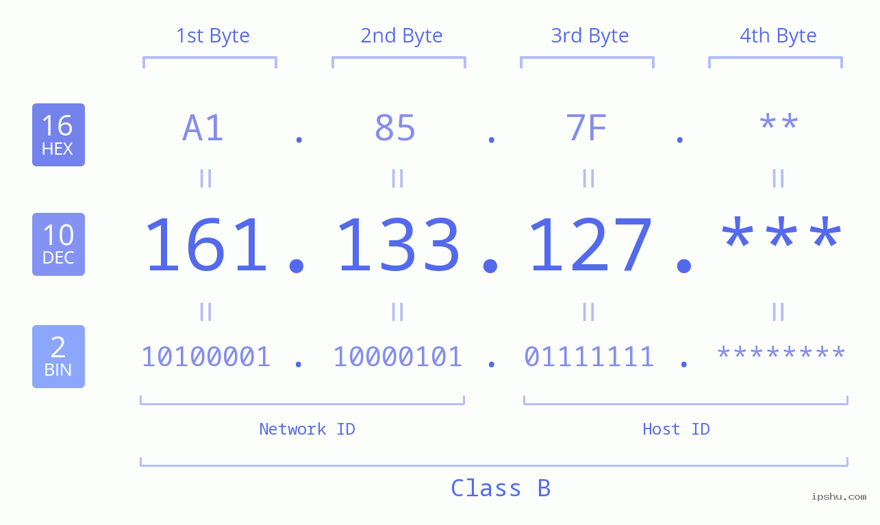 IP Address: 161.133.127 Data Structure Chart BIN DEC HEX IPv4: 161.133.127 Network Class, Net ID, Host ID