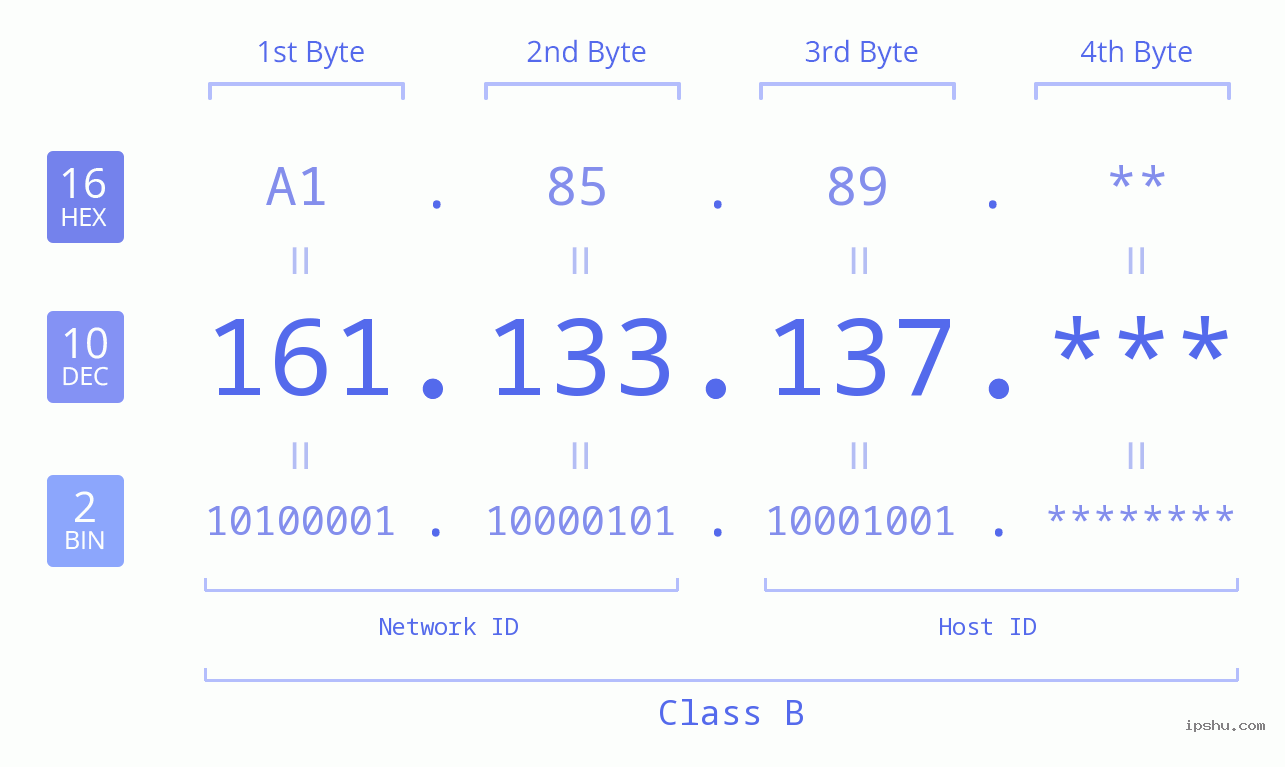 IP Address: 161.133.137 Data Structure Chart BIN DEC HEX IPv4: 161.133.137 Network Class, Net ID, Host ID