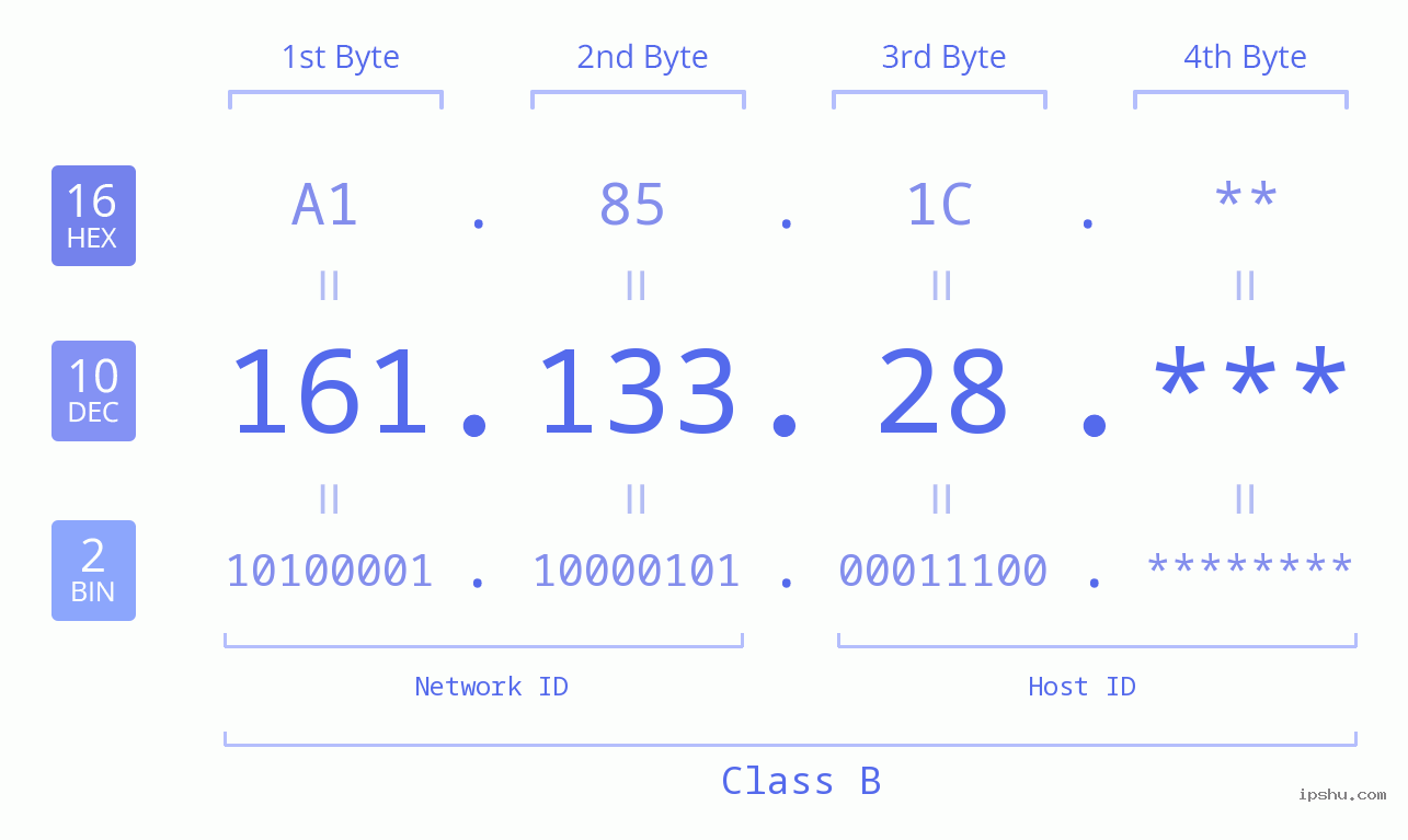 IP Address: 161.133.28 Data Structure Chart BIN DEC HEX IPv4: 161.133.28 Network Class, Net ID, Host ID