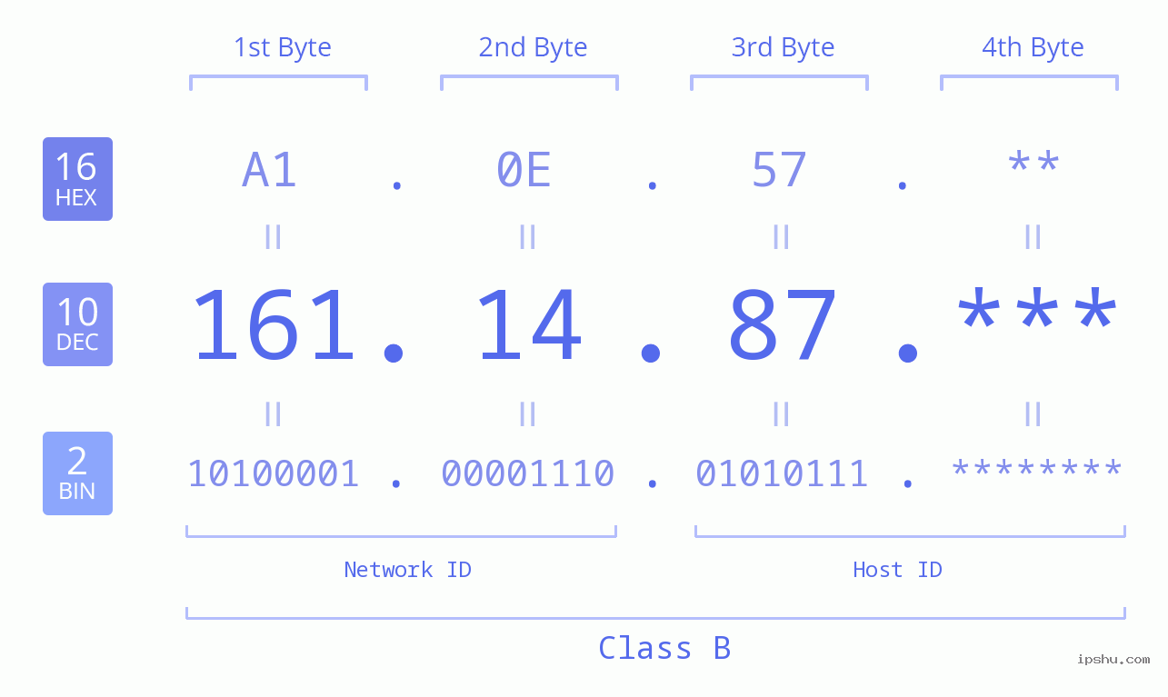 IP Address: 161.14.87 Data Structure Chart BIN DEC HEX IPv4: 161.14.87 Network Class, Net ID, Host ID