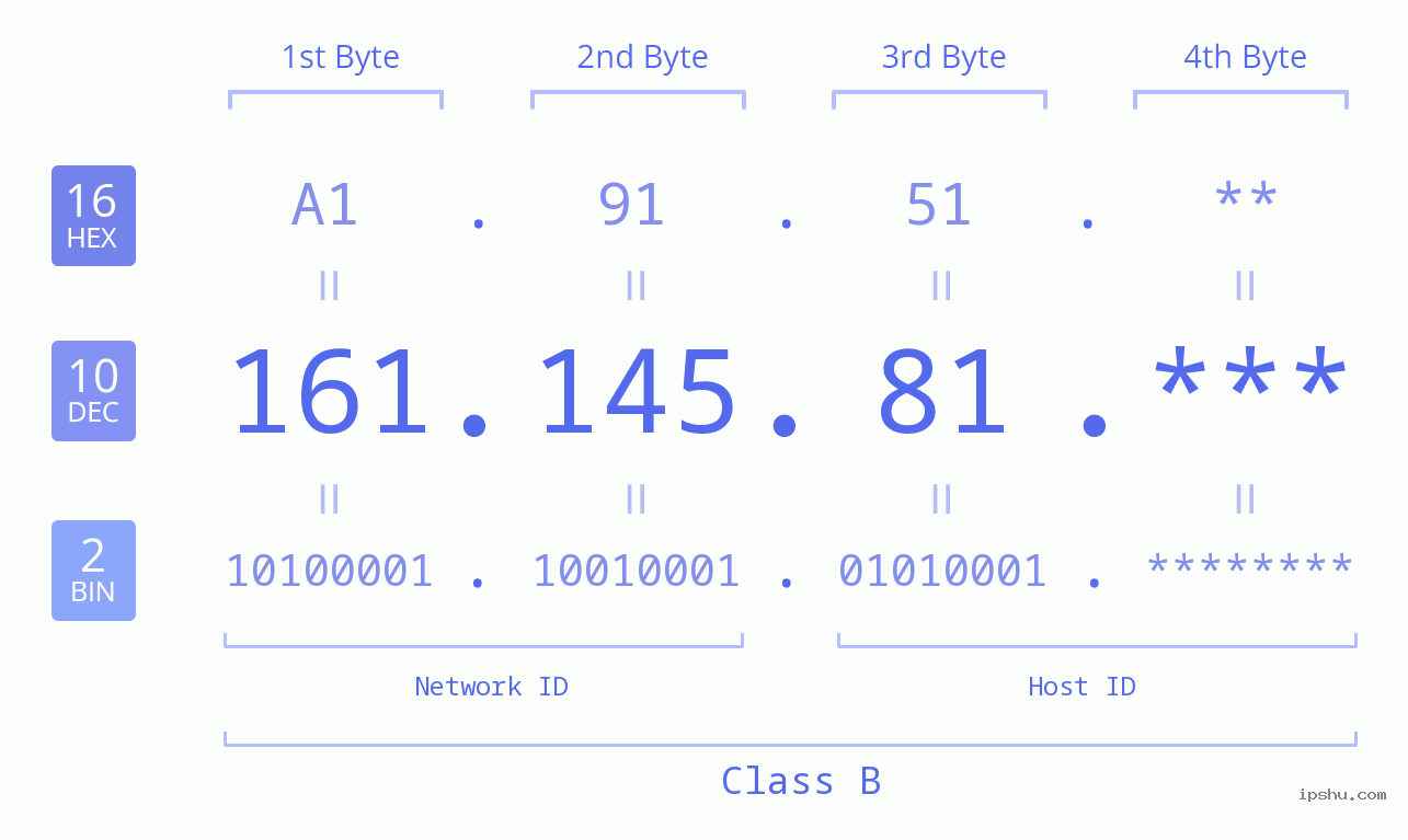 IP Address: 161.145.81 Data Structure Chart BIN DEC HEX IPv4: 161.145.81 Network Class, Net ID, Host ID