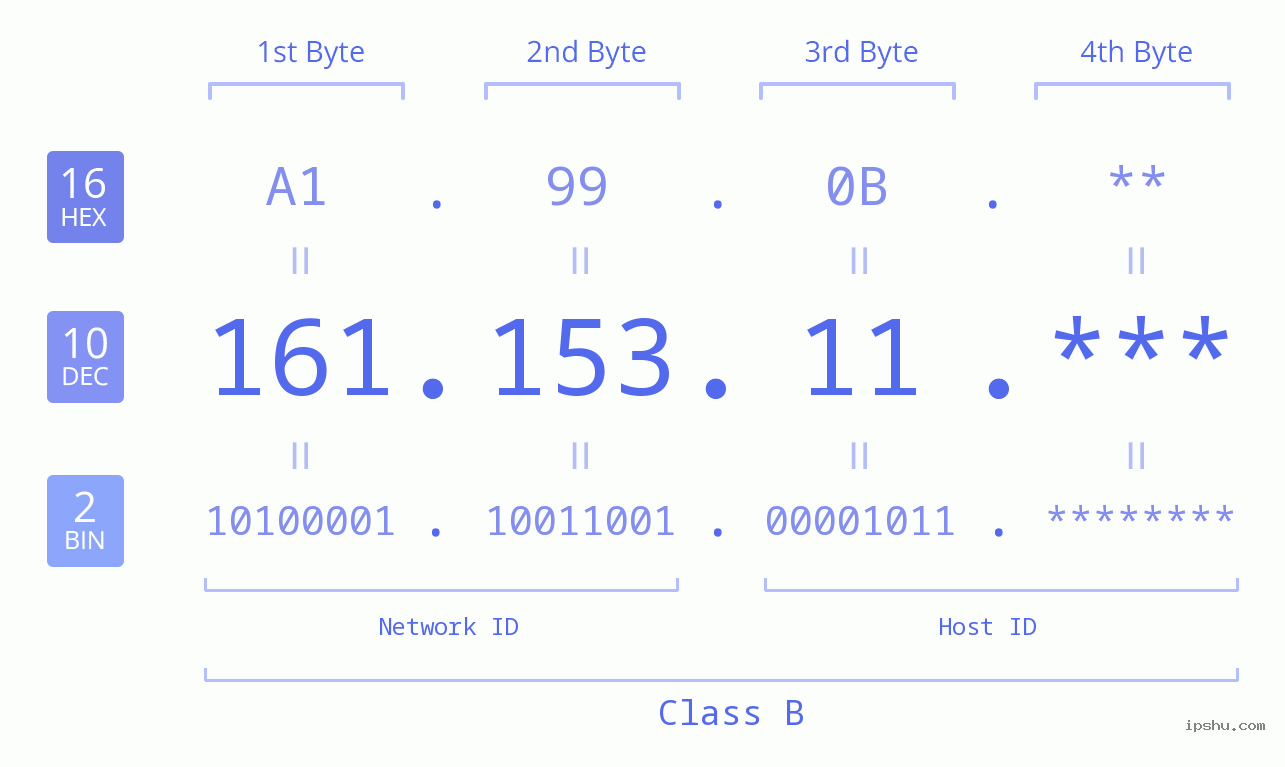 IP Address: 161.153.11 Data Structure Chart BIN DEC HEX IPv4: 161.153.11 Network Class, Net ID, Host ID