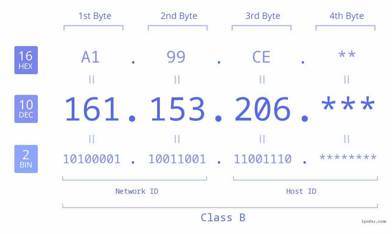 IP Address: 161.153.206 Data Structure Chart BIN DEC HEX IPv4: 161.153.206 Network Class, Net ID, Host ID