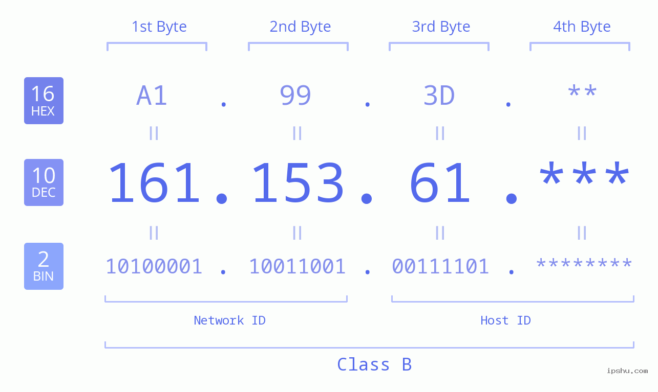 IP Address: 161.153.61 Data Structure Chart BIN DEC HEX IPv4: 161.153.61 Network Class, Net ID, Host ID