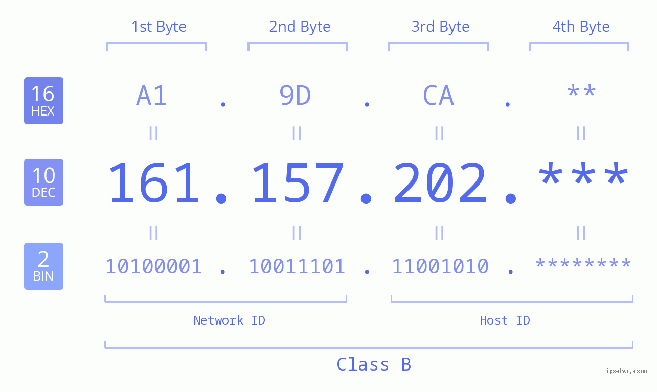 IP Address: 161.157.202 Data Structure Chart BIN DEC HEX IPv4: 161.157.202 Network Class, Net ID, Host ID