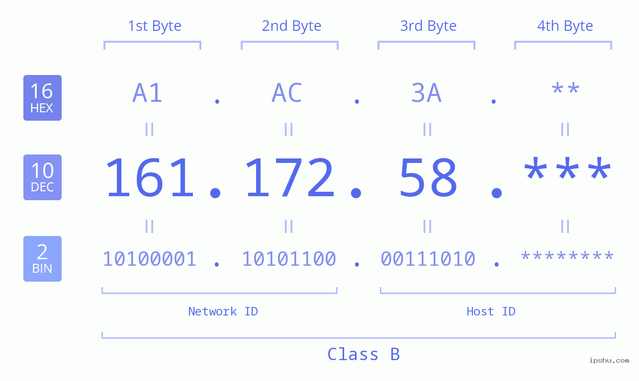 IP Address: 161.172.58 Data Structure Chart BIN DEC HEX IPv4: 161.172.58 Network Class, Net ID, Host ID