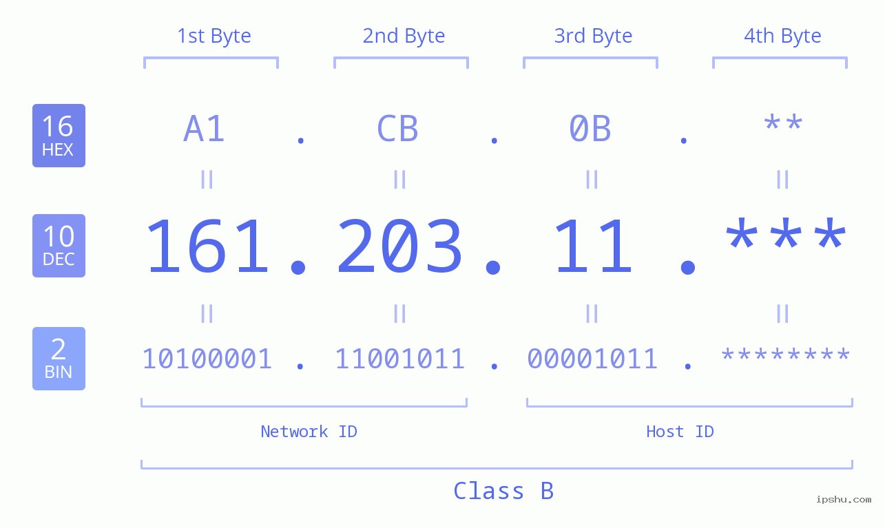 IP Address: 161.203.11 Data Structure Chart BIN DEC HEX IPv4: 161.203.11 Network Class, Net ID, Host ID