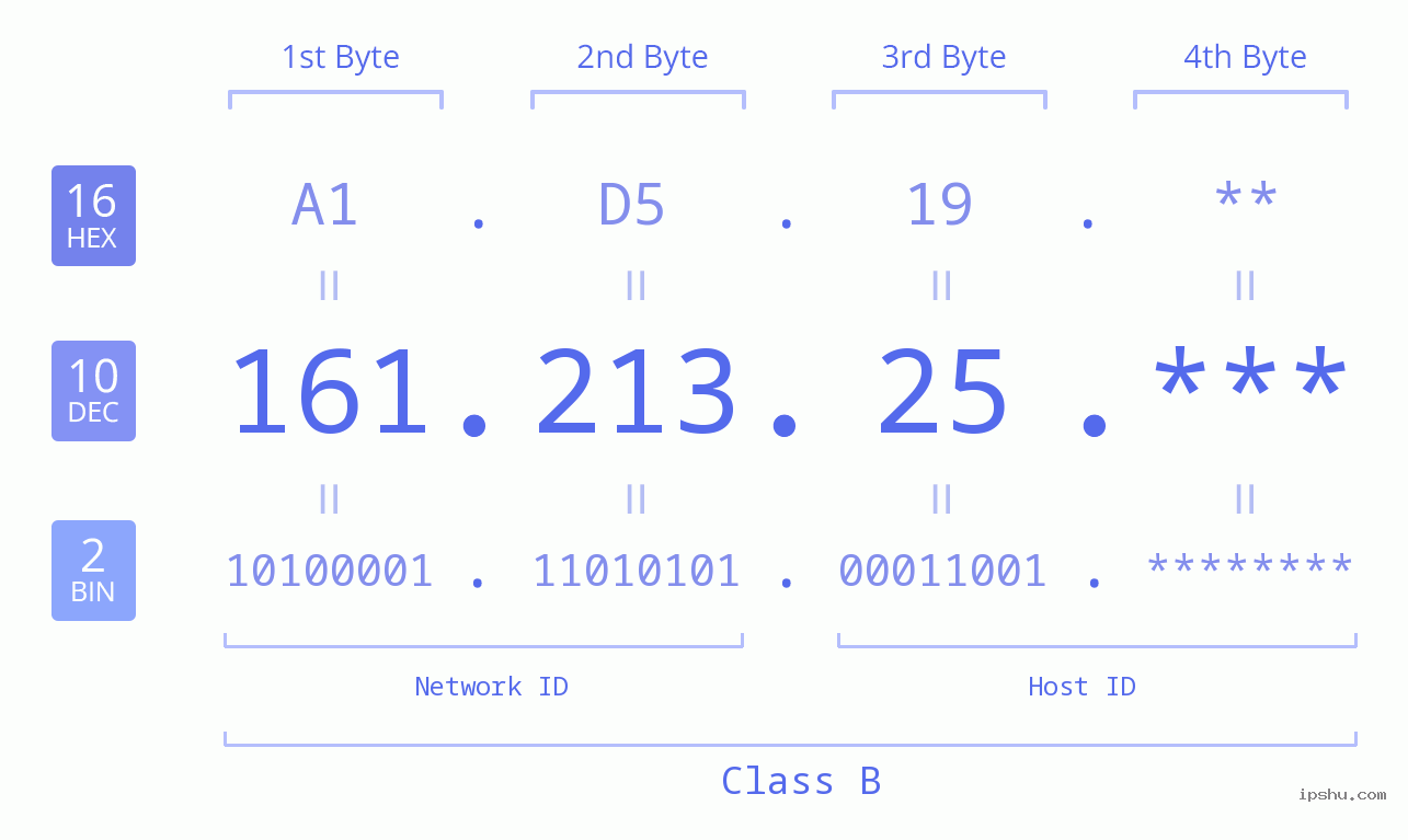 IP Address: 161.213.25 Data Structure Chart BIN DEC HEX IPv4: 161.213.25 Network Class, Net ID, Host ID