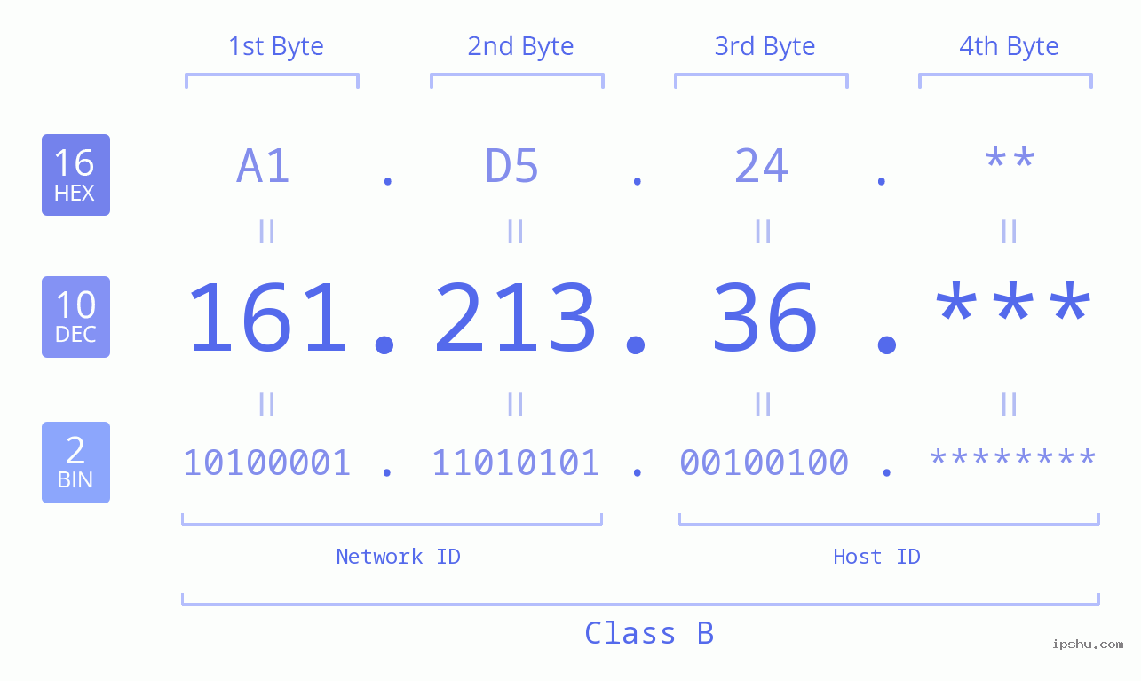 IP Address: 161.213.36 Data Structure Chart BIN DEC HEX IPv4: 161.213.36 Network Class, Net ID, Host ID