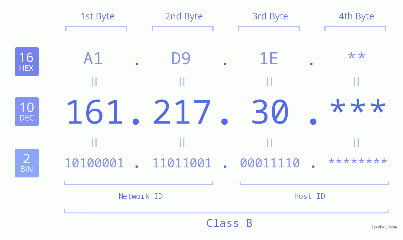 IP Address: 161.217.30 Data Structure Chart BIN DEC HEX IPv4: 161.217.30 Network Class, Net ID, Host ID
