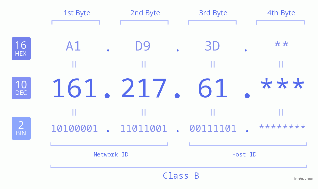 IP Address: 161.217.61 Data Structure Chart BIN DEC HEX IPv4: 161.217.61 Network Class, Net ID, Host ID