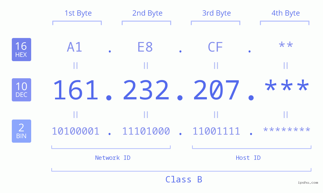 IP Address: 161.232.207 Data Structure Chart BIN DEC HEX IPv4: 161.232.207 Network Class, Net ID, Host ID