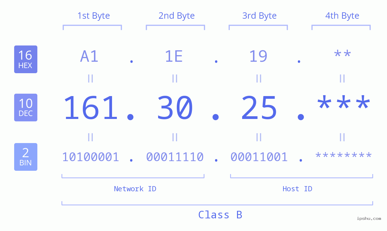 IP Address: 161.30.25 Data Structure Chart BIN DEC HEX IPv4: 161.30.25 Network Class, Net ID, Host ID