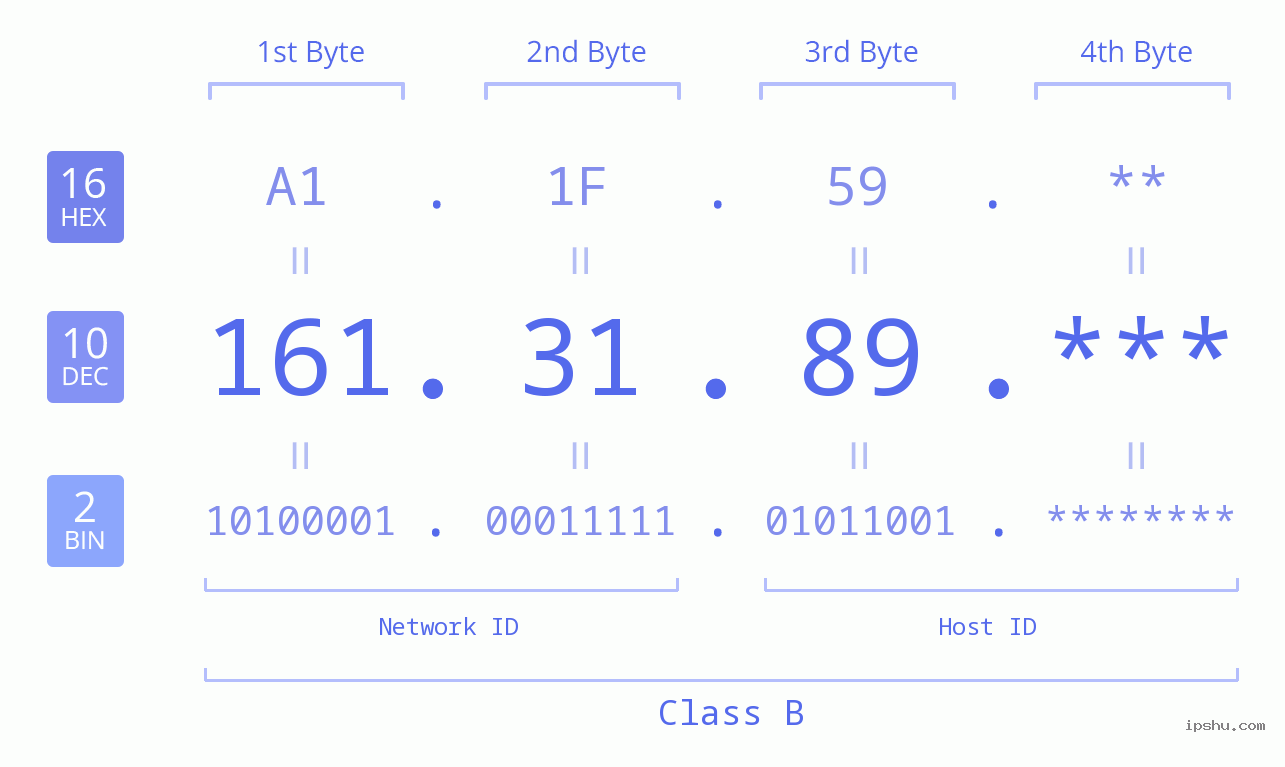 IP Address: 161.31.89 Data Structure Chart BIN DEC HEX IPv4: 161.31.89 Network Class, Net ID, Host ID