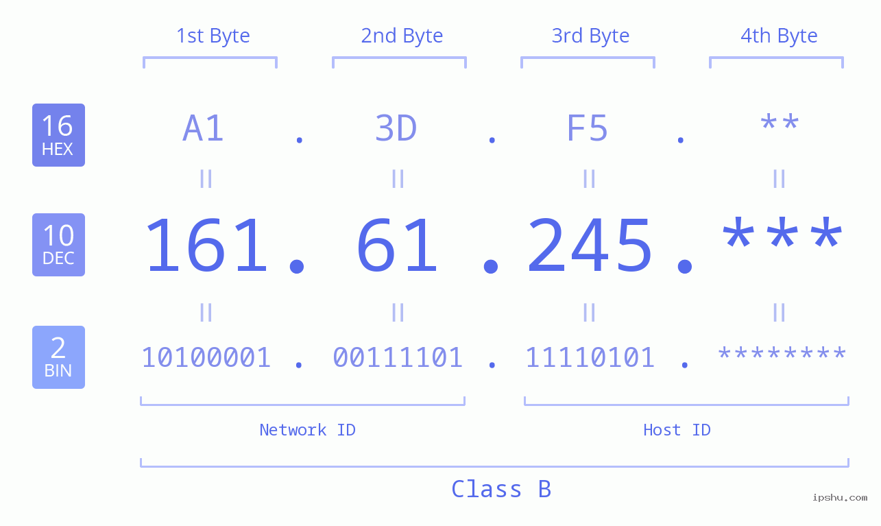 IP Address: 161.61.245 Data Structure Chart BIN DEC HEX IPv4: 161.61.245 Network Class, Net ID, Host ID