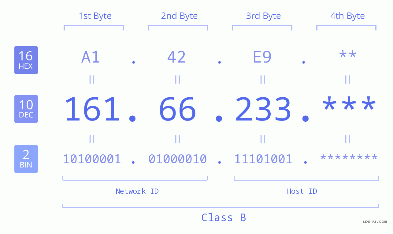 IP Address: 161.66.233 Data Structure Chart BIN DEC HEX IPv4: 161.66.233 Network Class, Net ID, Host ID