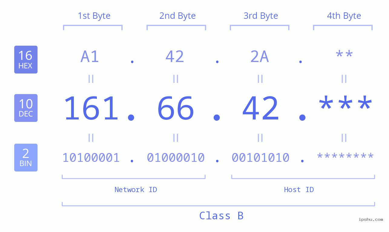 IP Address: 161.66.42 Data Structure Chart BIN DEC HEX IPv4: 161.66.42 Network Class, Net ID, Host ID
