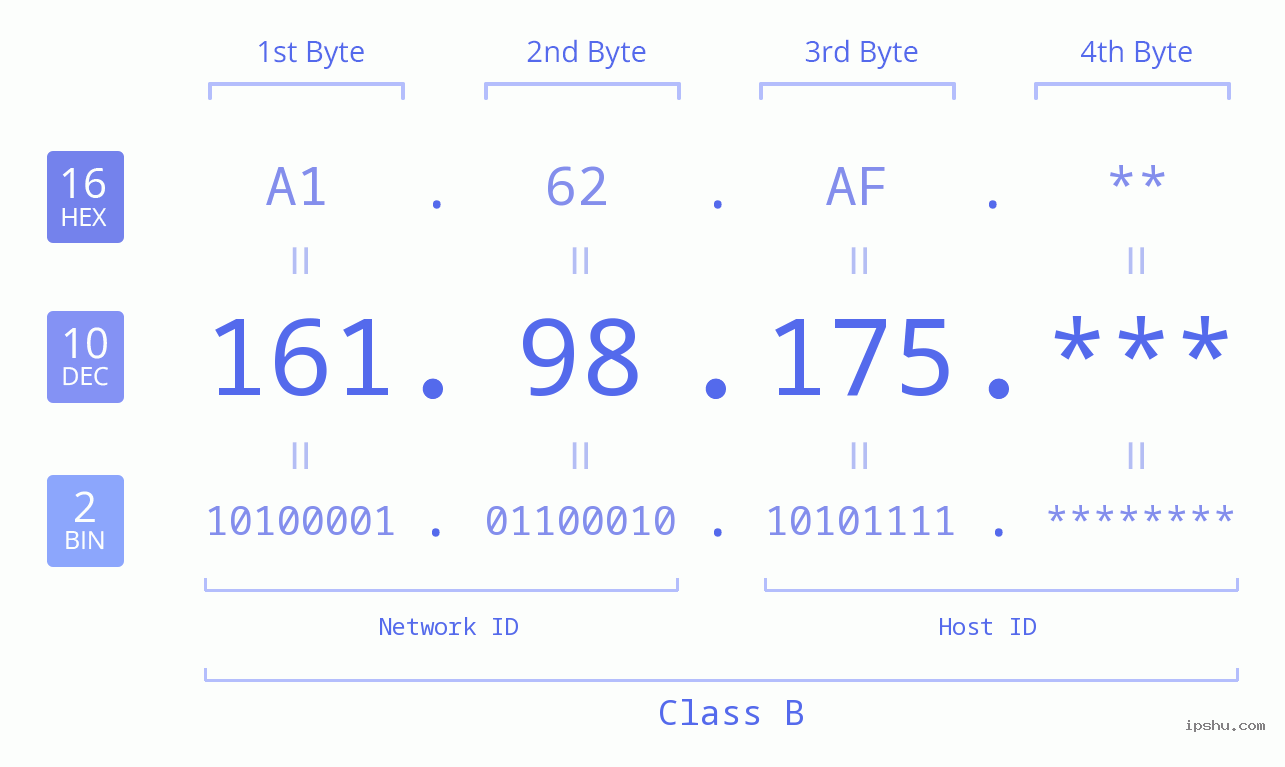 IP Address: 161.98.175 Data Structure Chart BIN DEC HEX IPv4: 161.98.175 Network Class, Net ID, Host ID
