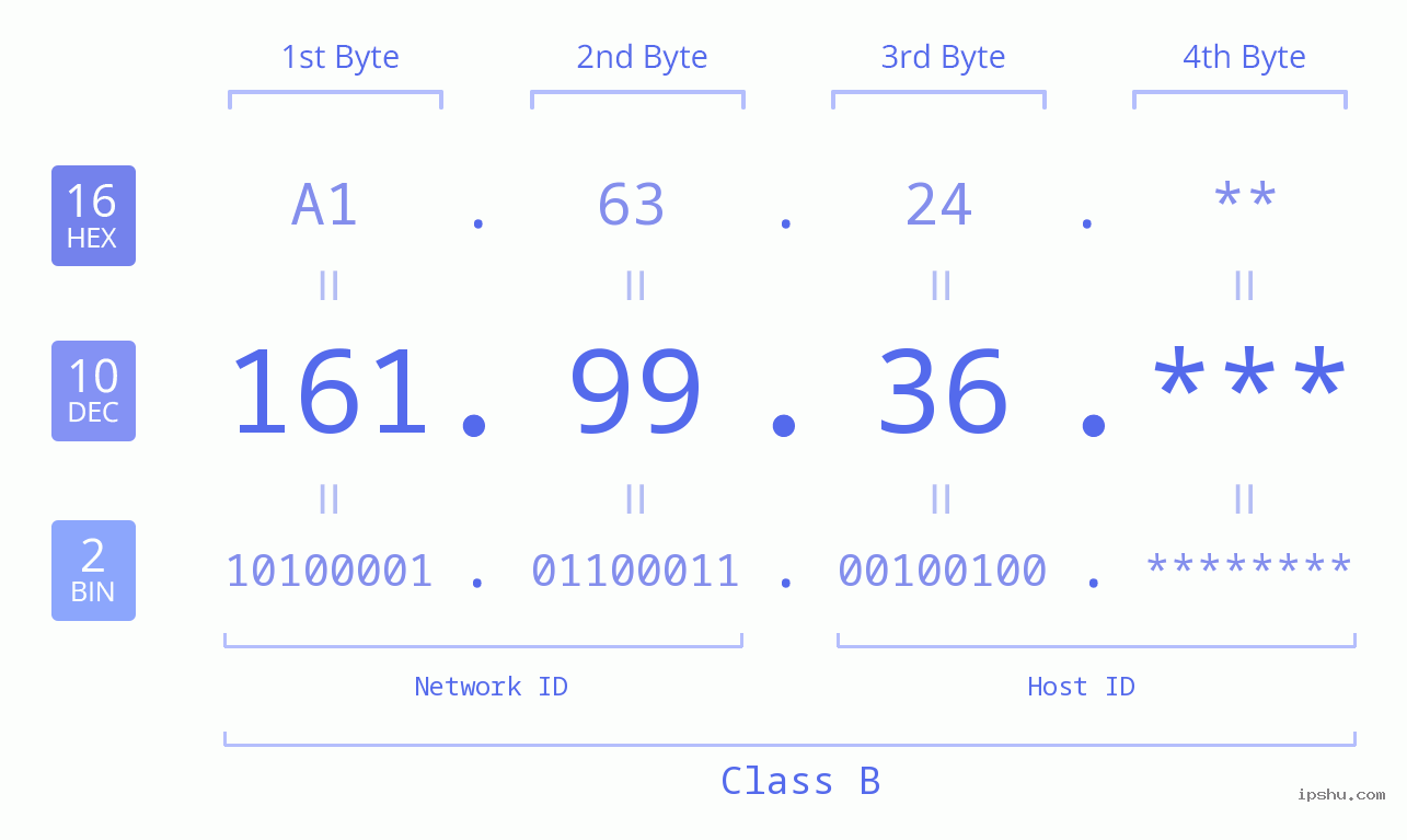 IP Address: 161.99.36 Data Structure Chart BIN DEC HEX IPv4: 161.99.36 Network Class, Net ID, Host ID