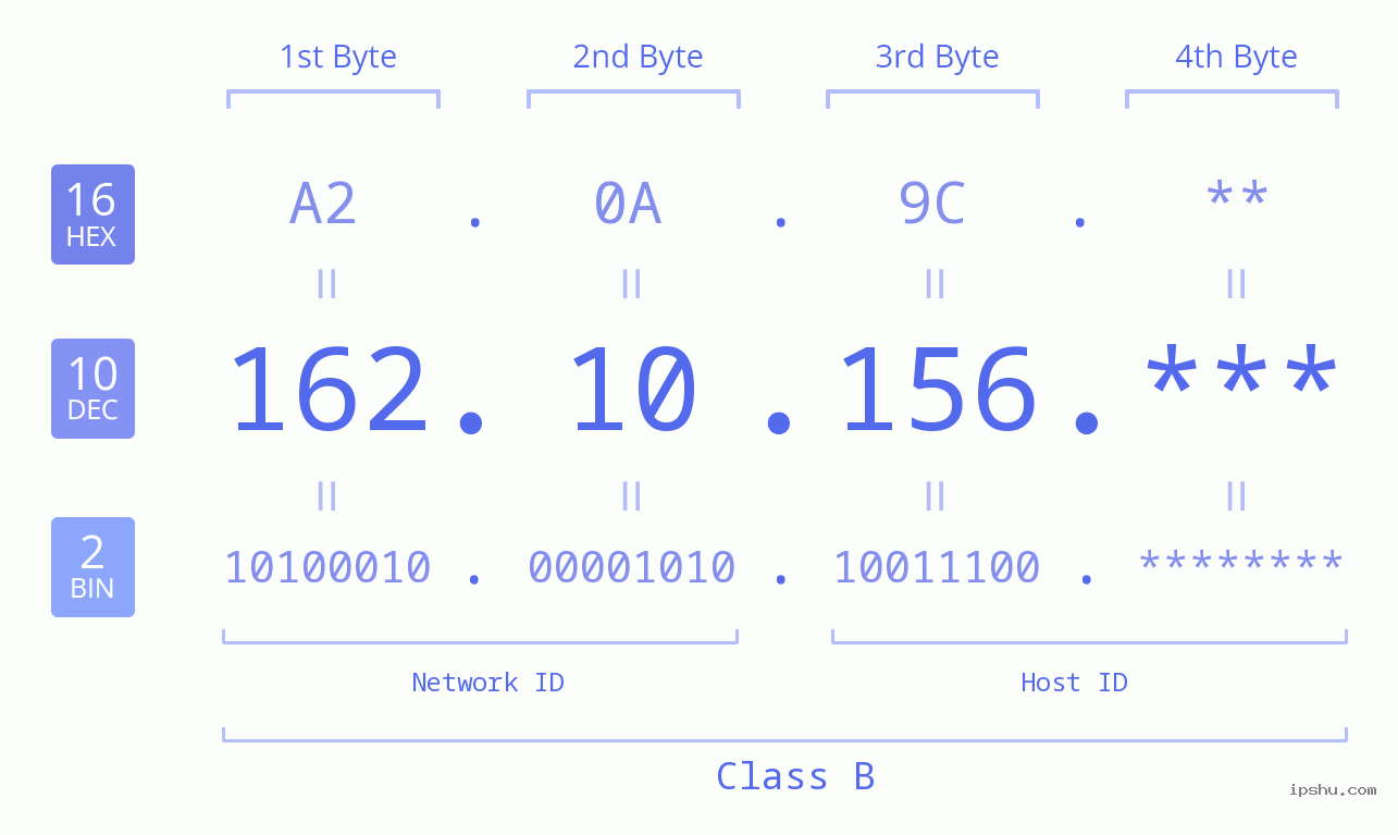 IP Address: 162.10.156 Data Structure Chart BIN DEC HEX IPv4: 162.10.156 Network Class, Net ID, Host ID