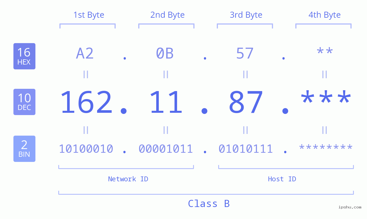 IP Address: 162.11.87 Data Structure Chart BIN DEC HEX IPv4: 162.11.87 Network Class, Net ID, Host ID