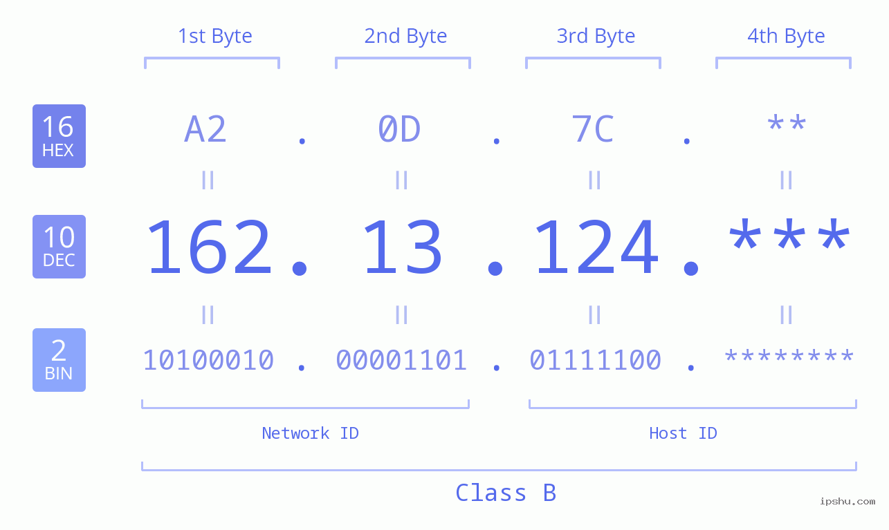 IP Address: 162.13.124 Data Structure Chart BIN DEC HEX IPv4: 162.13.124 Network Class, Net ID, Host ID