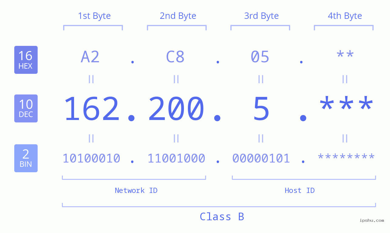IP Address: 162.200.5 Data Structure Chart BIN DEC HEX IPv4: 162.200.5 Network Class, Net ID, Host ID