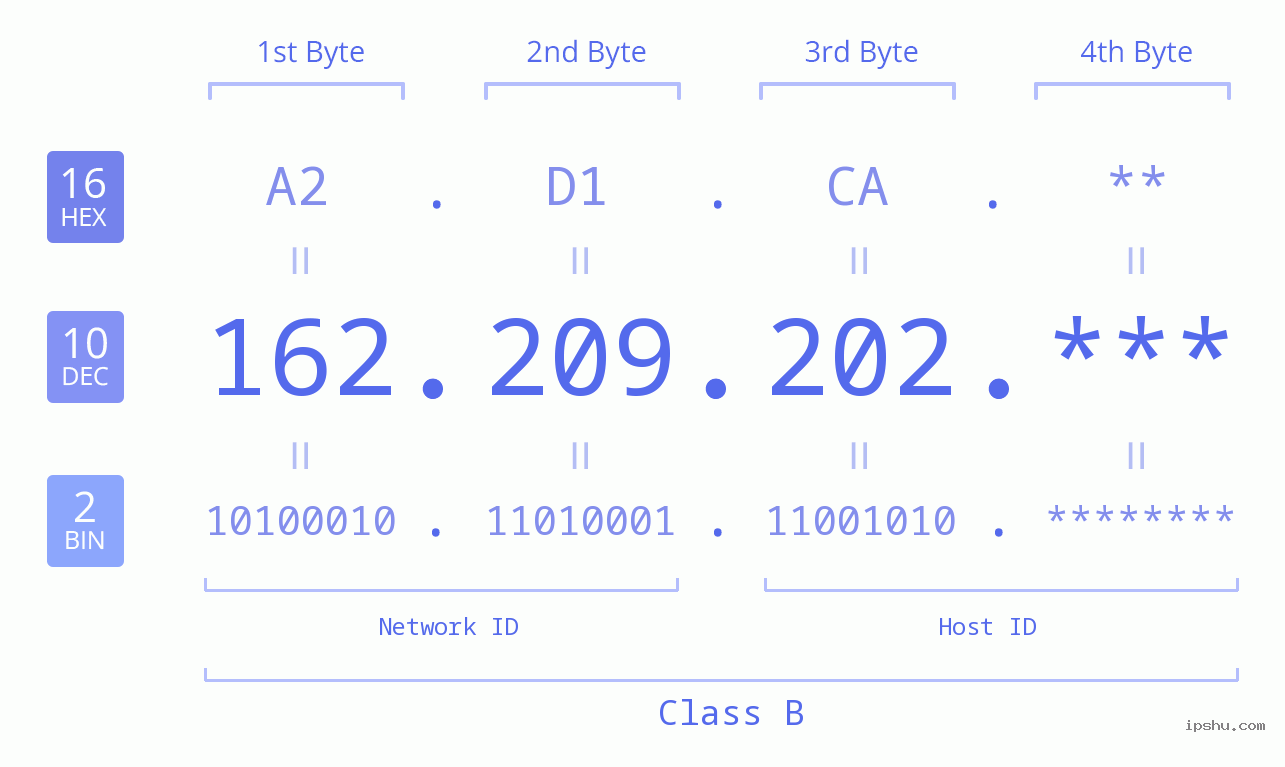IP Address: 162.209.202 Data Structure Chart BIN DEC HEX IPv4: 162.209.202 Network Class, Net ID, Host ID