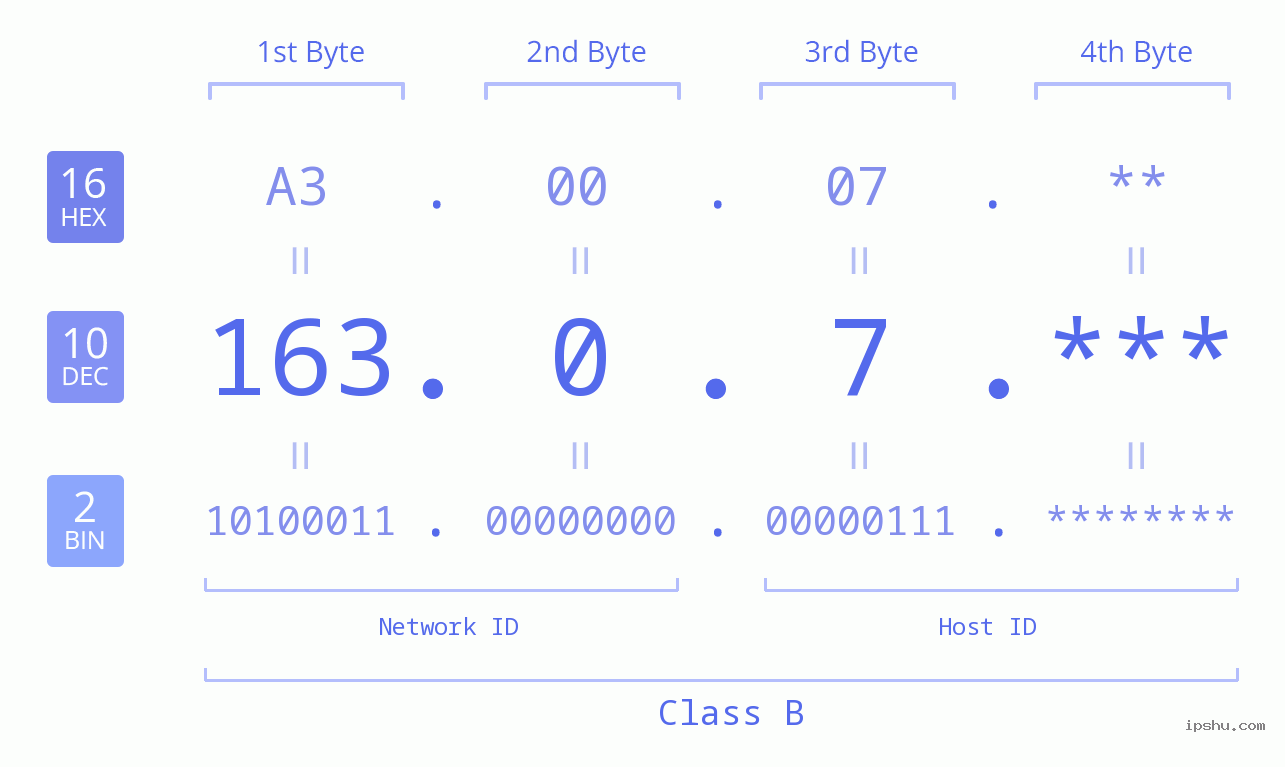 IP Address: 163.0.7 Data Structure Chart BIN DEC HEX IPv4: 163.0.7 Network Class, Net ID, Host ID