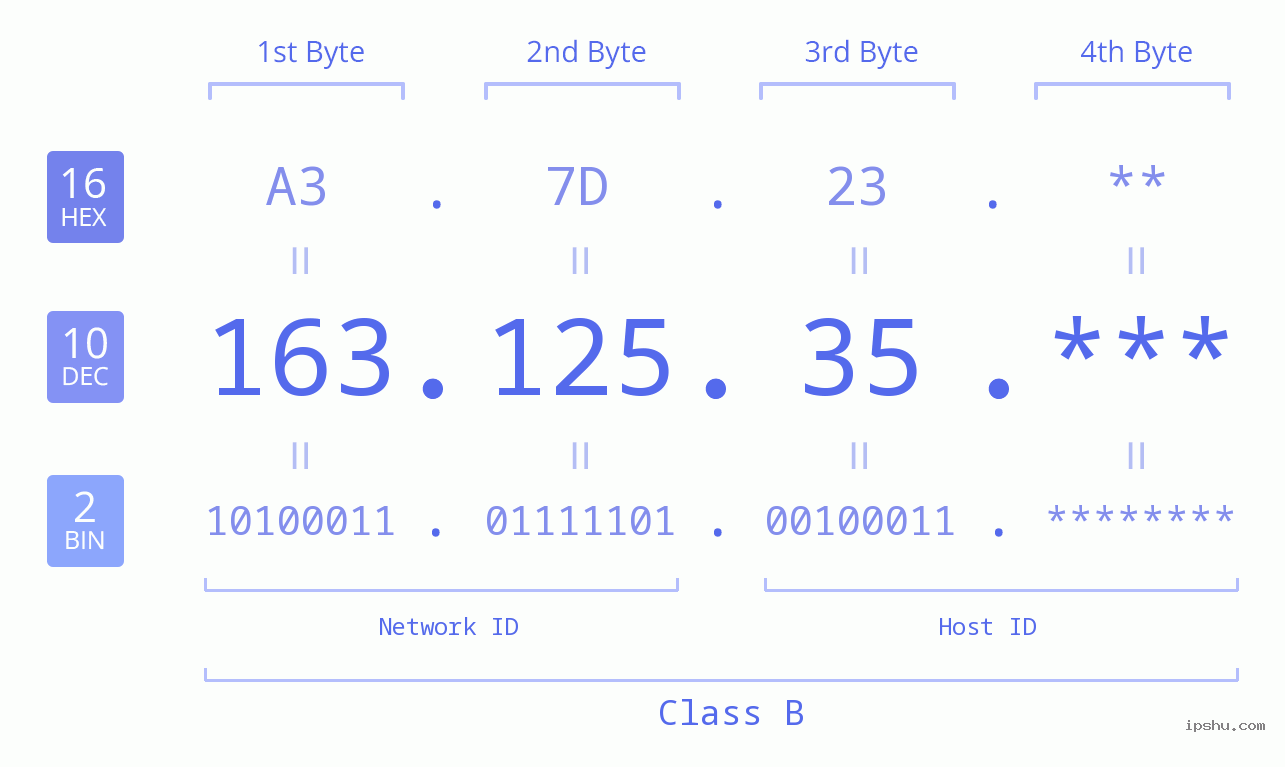 IP Address: 163.125.35 Data Structure Chart BIN DEC HEX IPv4: 163.125.35 Network Class, Net ID, Host ID