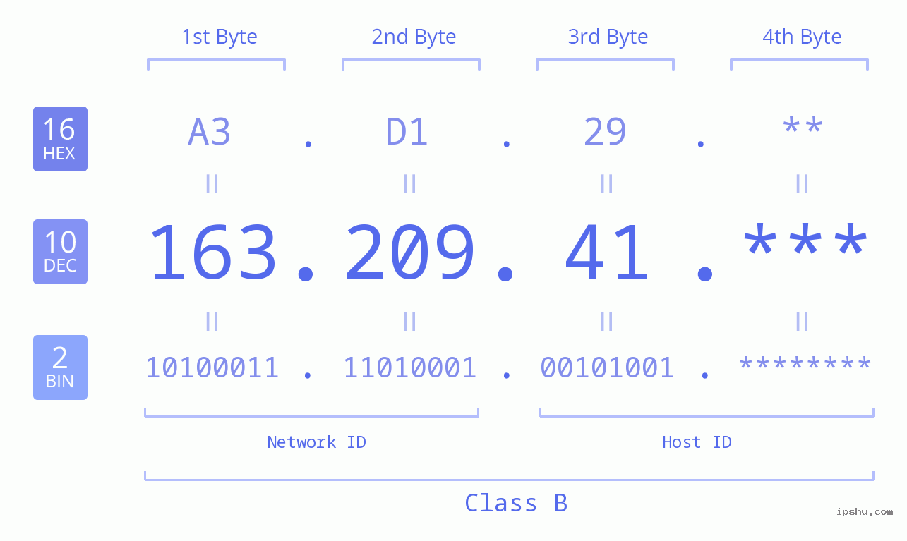 IP Address: 163.209.41 Data Structure Chart BIN DEC HEX IPv4: 163.209.41 Network Class, Net ID, Host ID