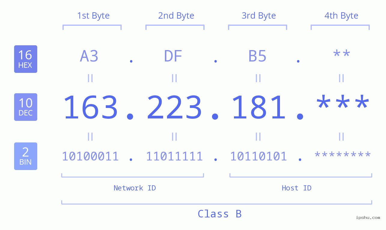IP Address: 163.223.181 Data Structure Chart BIN DEC HEX IPv4: 163.223.181 Network Class, Net ID, Host ID