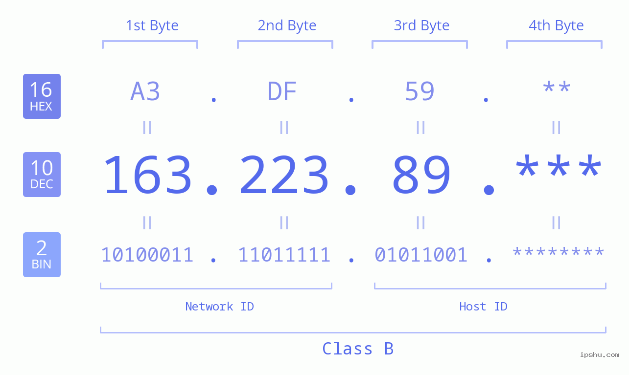 IP Address: 163.223.89 Data Structure Chart BIN DEC HEX IPv4: 163.223.89 Network Class, Net ID, Host ID