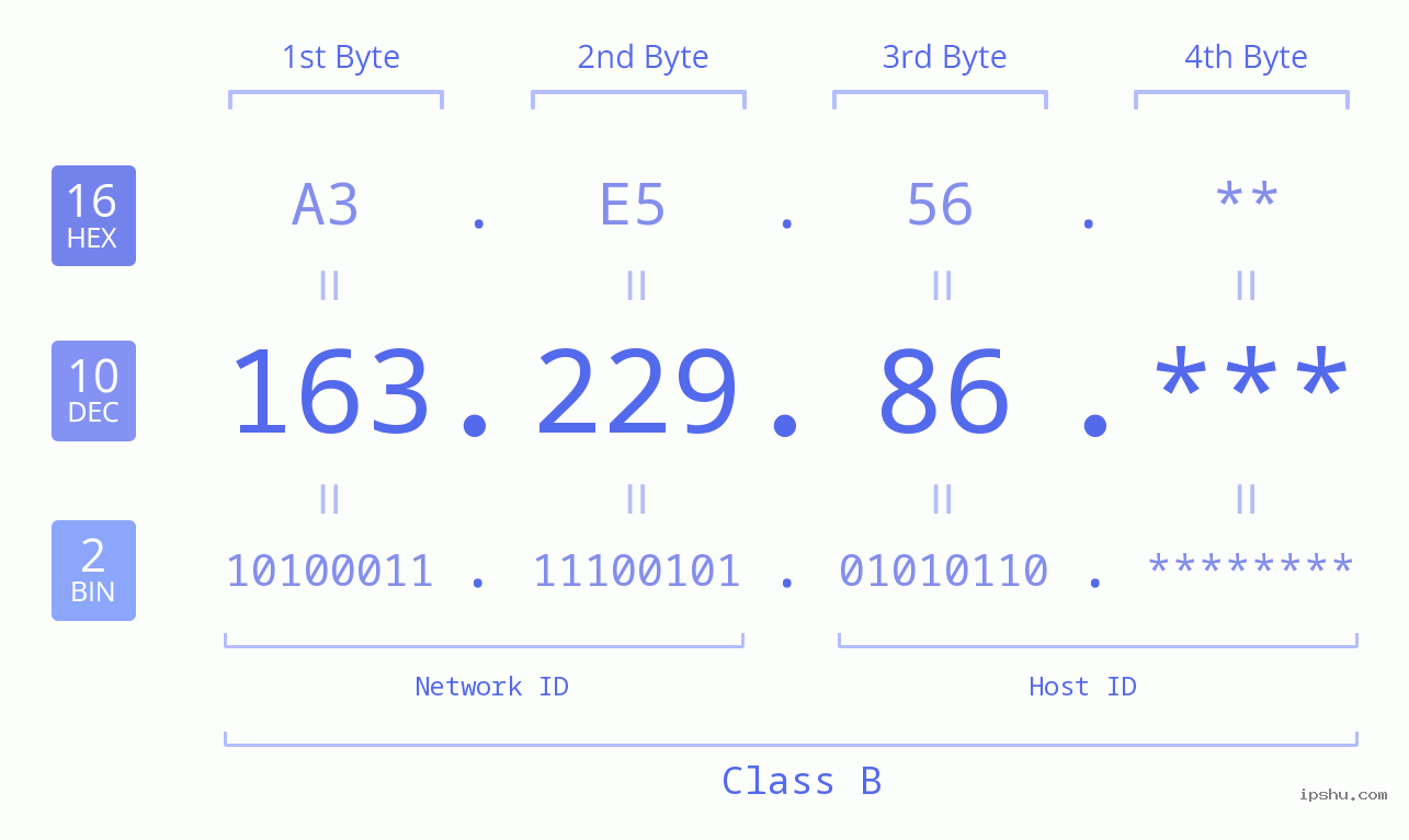 IP Address: 163.229.86 Data Structure Chart BIN DEC HEX IPv4: 163.229.86 Network Class, Net ID, Host ID
