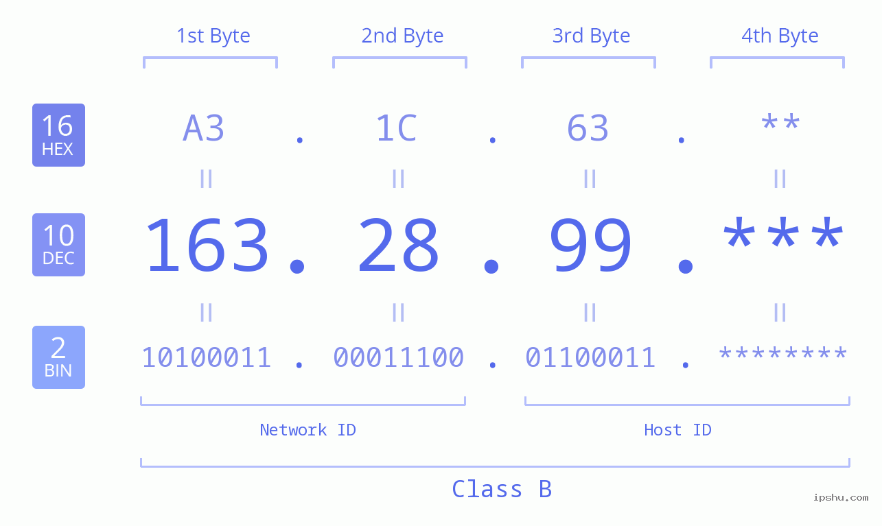 IP Address: 163.28.99 Data Structure Chart BIN DEC HEX IPv4: 163.28.99 Network Class, Net ID, Host ID
