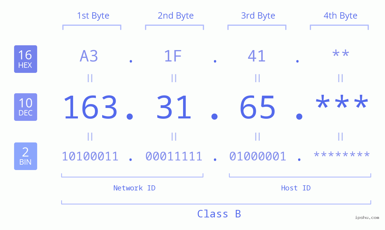 IP Address: 163.31.65 Data Structure Chart BIN DEC HEX IPv4: 163.31.65 Network Class, Net ID, Host ID