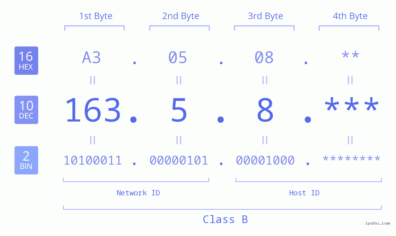 IP Address: 163.5.8 Data Structure Chart BIN DEC HEX IPv4: 163.5.8 Network Class, Net ID, Host ID