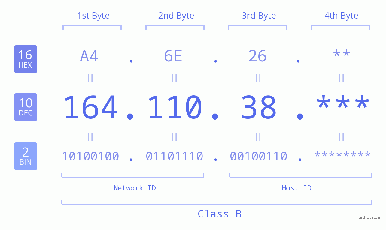 IP Address: 164.110.38 Data Structure Chart BIN DEC HEX IPv4: 164.110.38 Network Class, Net ID, Host ID
