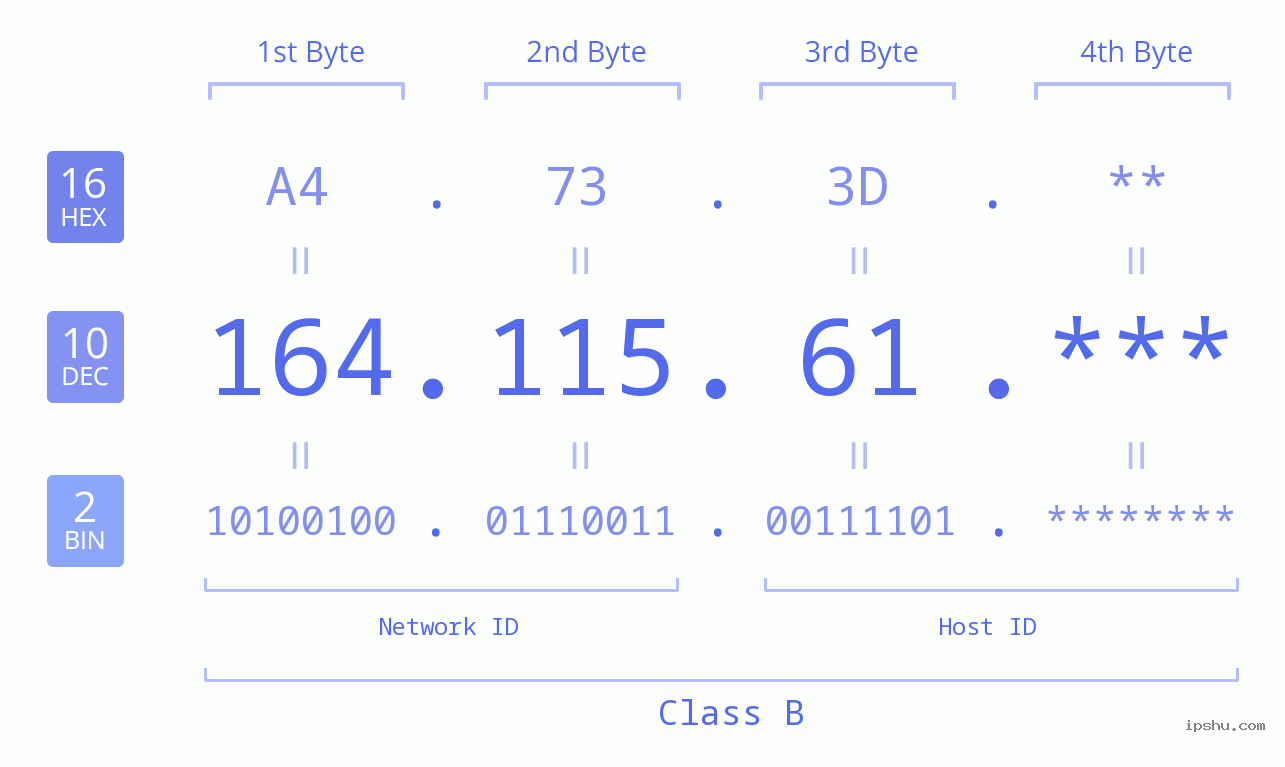 IP Address: 164.115.61 Data Structure Chart BIN DEC HEX IPv4: 164.115.61 Network Class, Net ID, Host ID