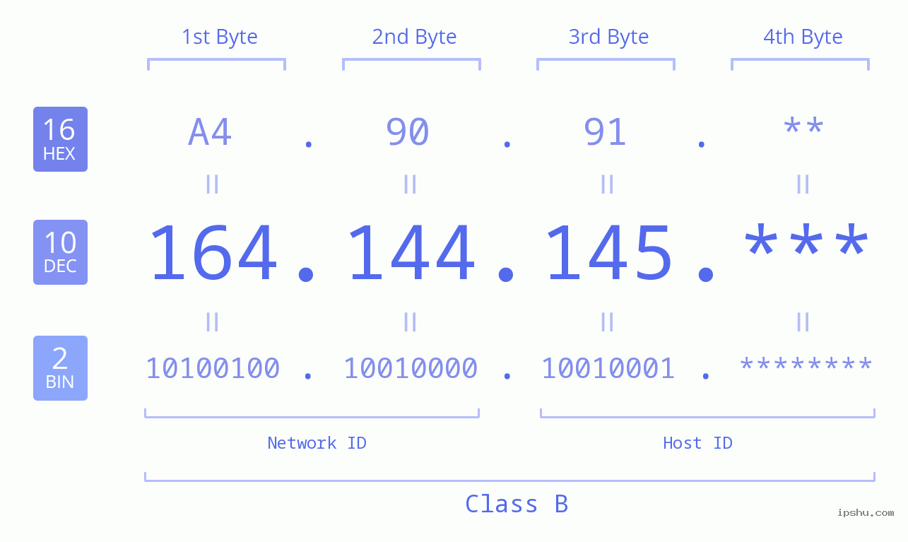 IP Address: 164.144.145 Data Structure Chart BIN DEC HEX IPv4: 164.144.145 Network Class, Net ID, Host ID