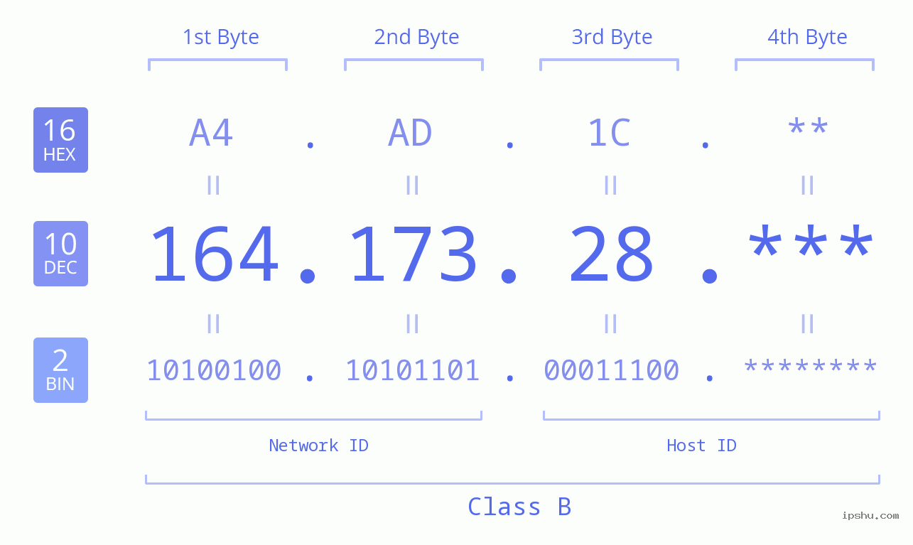 IP Address: 164.173.28 Data Structure Chart BIN DEC HEX IPv4: 164.173.28 Network Class, Net ID, Host ID