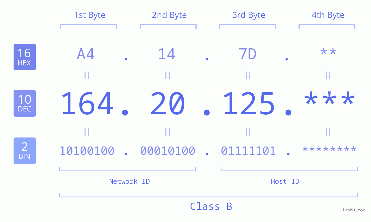 IP Address: 164.20.125 Data Structure Chart BIN DEC HEX IPv4: 164.20.125 Network Class, Net ID, Host ID