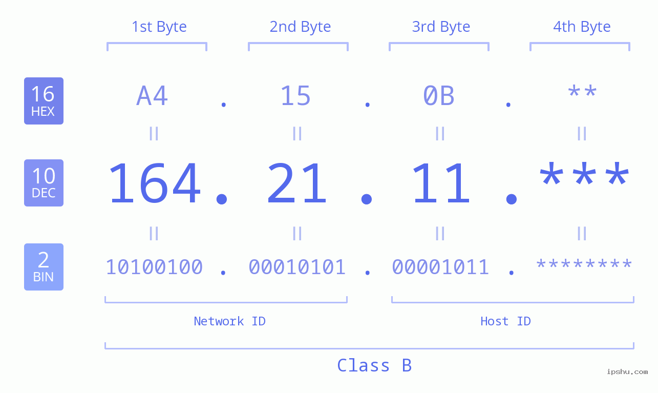 IP Address: 164.21.11 Data Structure Chart BIN DEC HEX IPv4: 164.21.11 Network Class, Net ID, Host ID