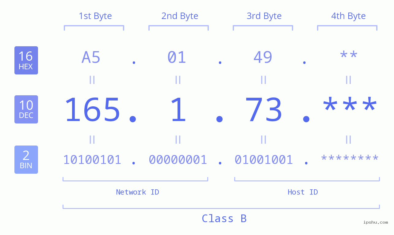 IP Address: 165.1.73 Data Structure Chart BIN DEC HEX IPv4: 165.1.73 Network Class, Net ID, Host ID