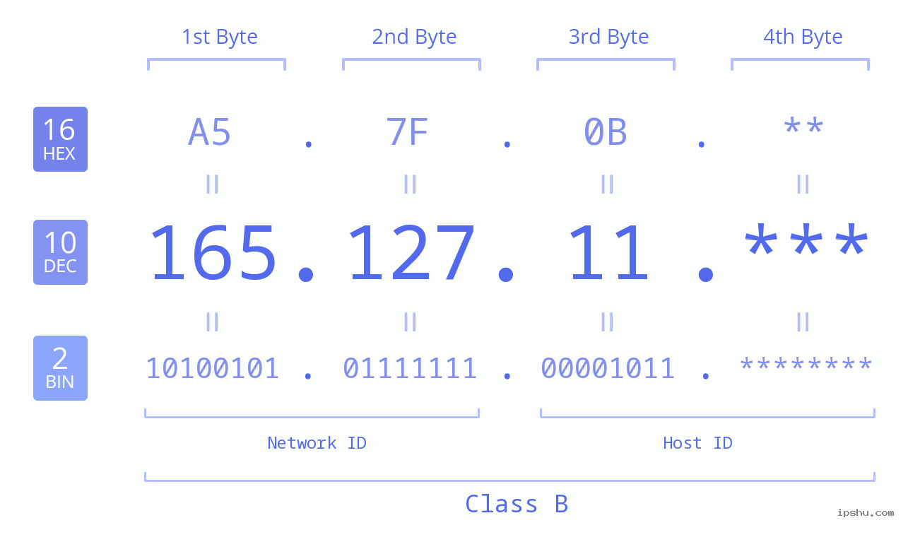 IP Address: 165.127.11 Data Structure Chart BIN DEC HEX IPv4: 165.127.11 Network Class, Net ID, Host ID
