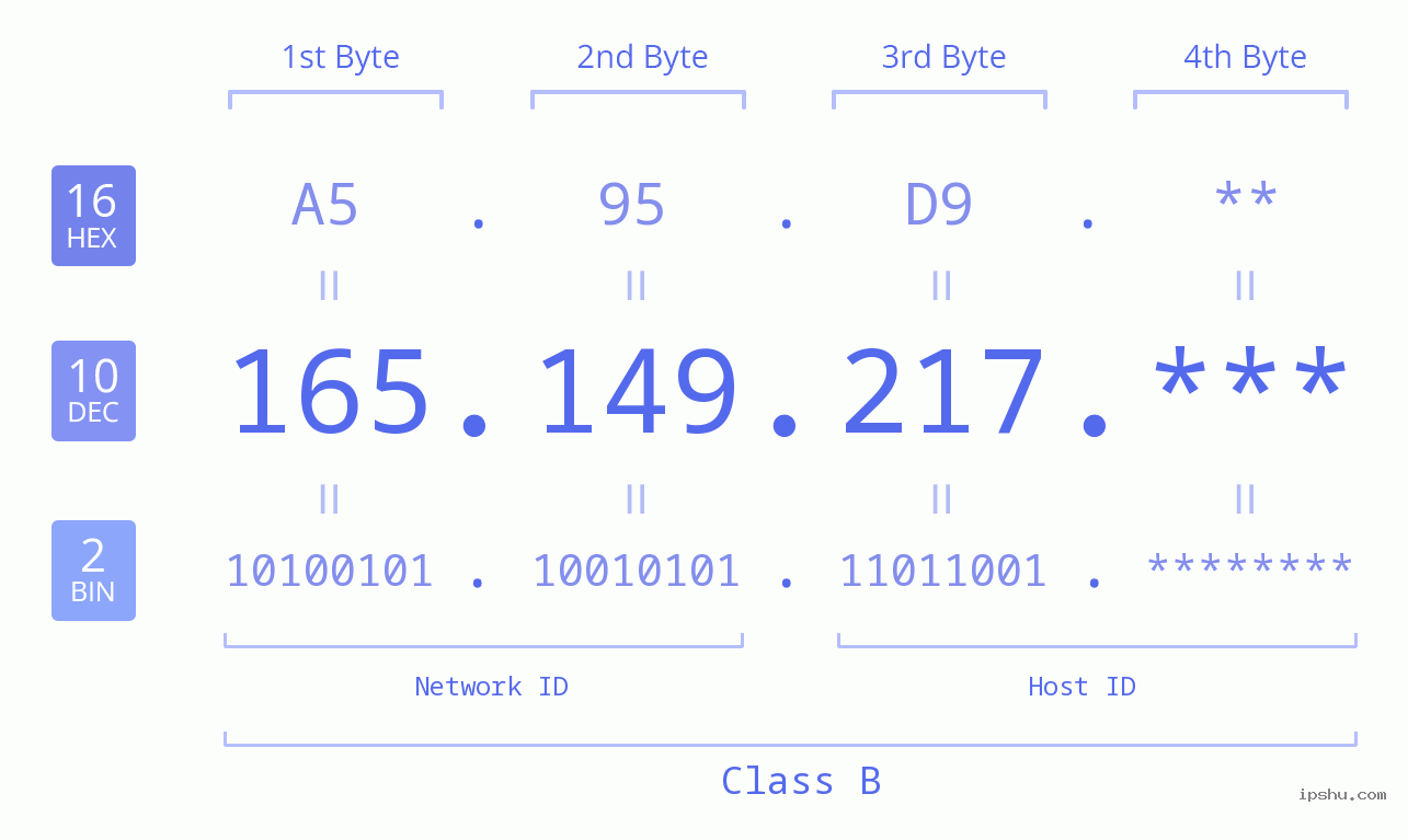 IP Address: 165.149.217 Data Structure Chart BIN DEC HEX IPv4: 165.149.217 Network Class, Net ID, Host ID