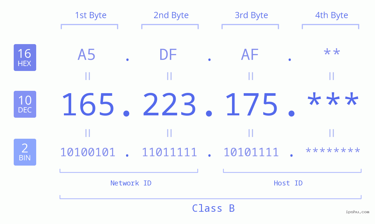 IP Address: 165.223.175 Data Structure Chart BIN DEC HEX IPv4: 165.223.175 Network Class, Net ID, Host ID