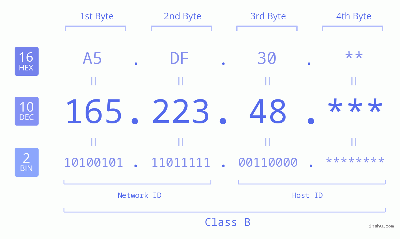 IP Address: 165.223.48 Data Structure Chart BIN DEC HEX IPv4: 165.223.48 Network Class, Net ID, Host ID