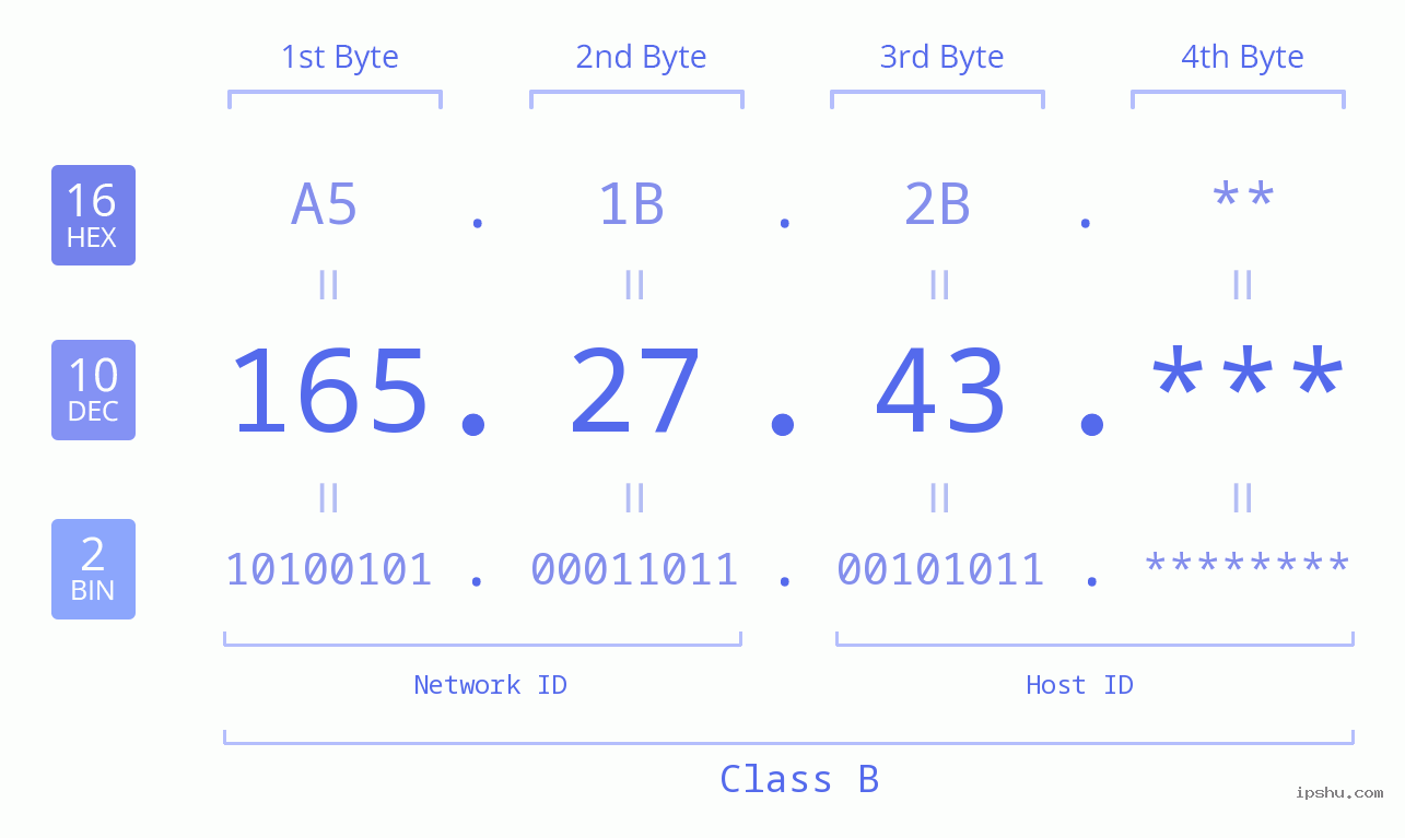 IP Address: 165.27.43 Data Structure Chart BIN DEC HEX IPv4: 165.27.43 Network Class, Net ID, Host ID